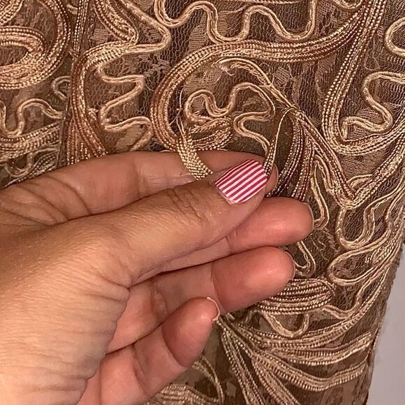 Sue Wong Lace Three Quarter Sleeve Taupe Dress - Picture 6 of 11